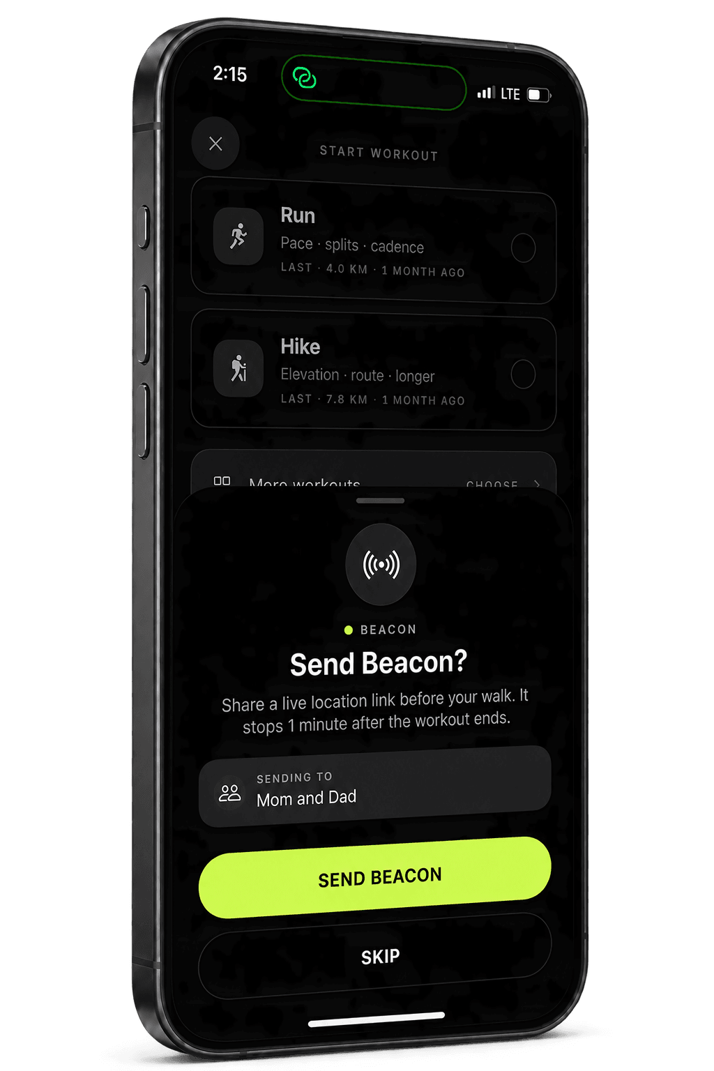 Send Beacon sheet — sending to Mom and Dad