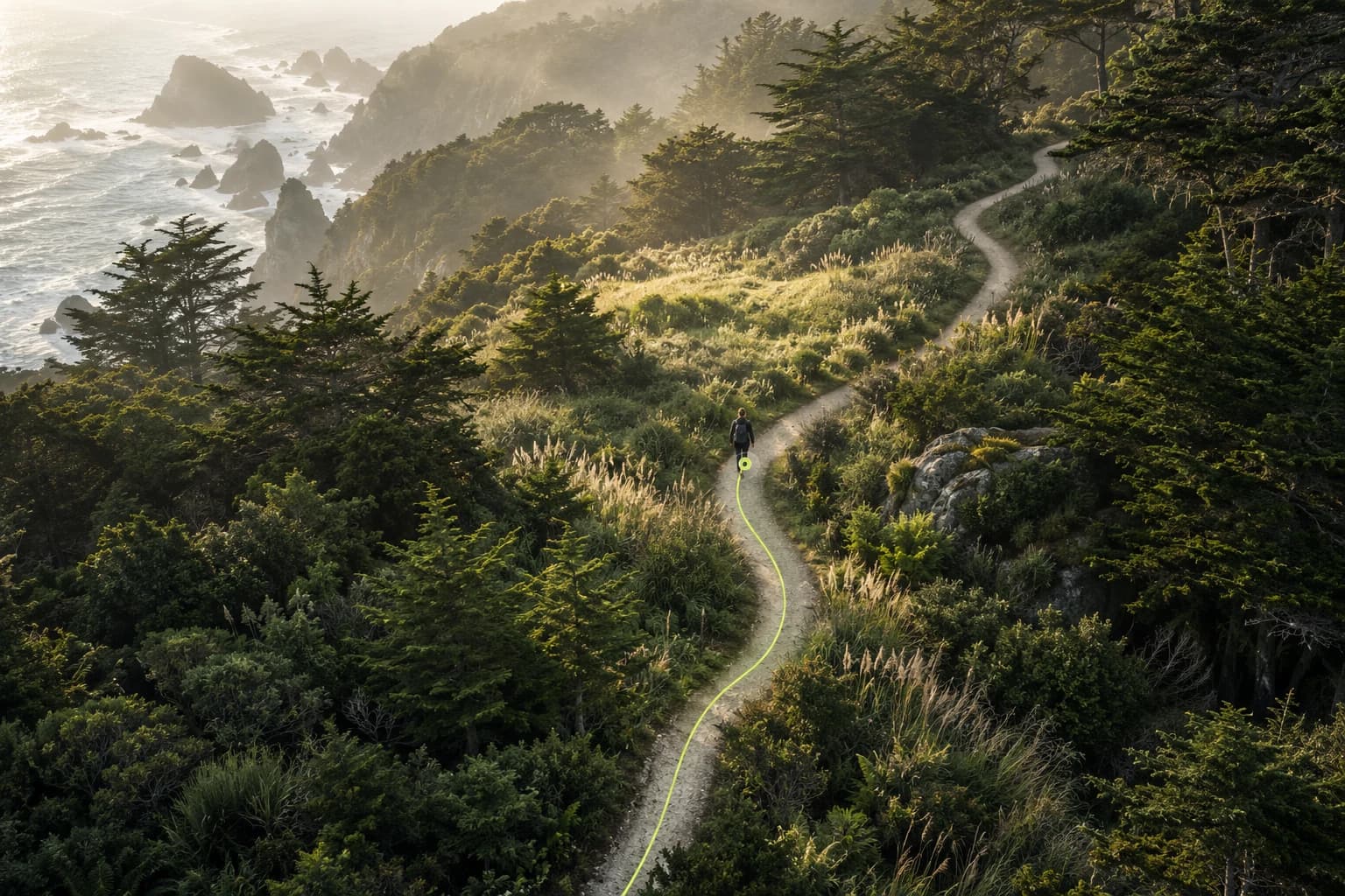 A walker on a winding coastal woodland trail with a lime route line tracing the path behind them