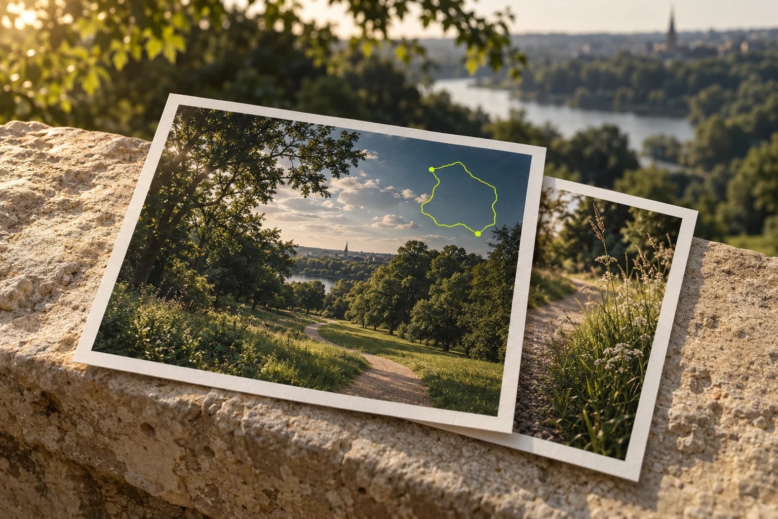 Two outdoor photo prints on a sunlit stone ledge, with a lime route loop over a park scene