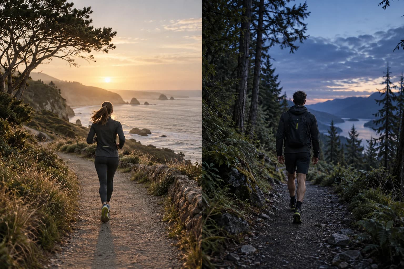 A runner on a sunlit coastal path beside a walker on a shaded woodland trail